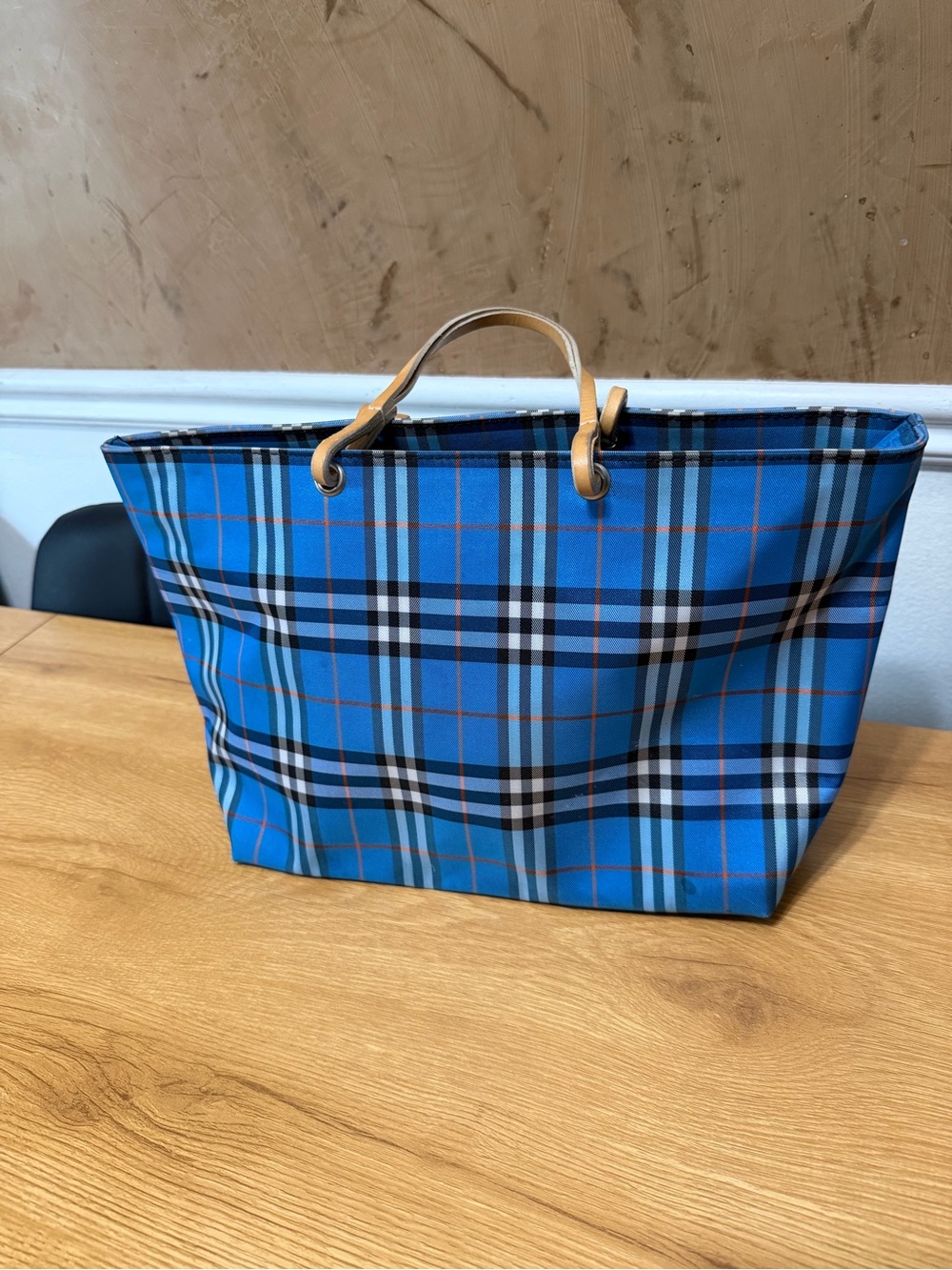 Burberry Blue Plaid Tote with Tan Handles